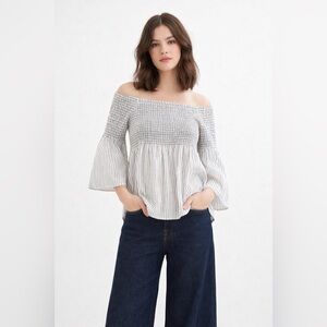 LOFT Off Shoulder Smocked Peasant Top Blouse Striped Bell Sleeve Boho Large